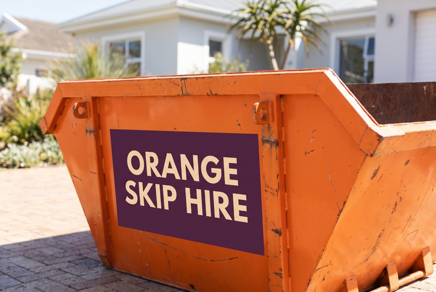 AI illustration: orange branded steel skip showing welded panels and lifting points outside a tidy home.