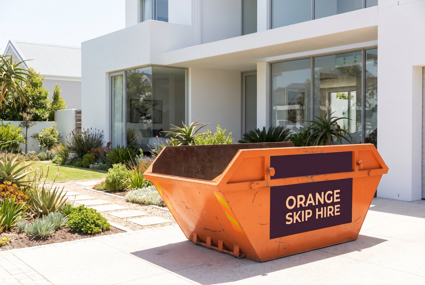 AI illustration: empty orange skip with Orange Skip Hire lettering on a paved driveway outside a white home.