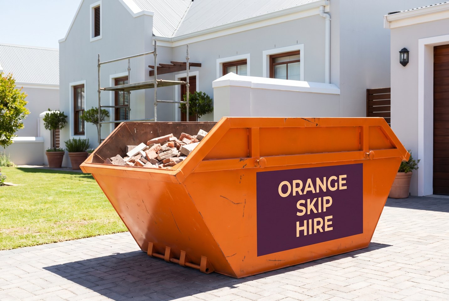 AI illustration: orange branded skip holding brick and tile rubble on a tidy residential driveway.